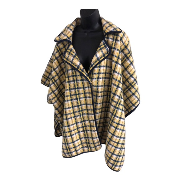 Andrew Marc New York yellow navy gingham tartan plaid poncho OS new - Picture 13 of 15